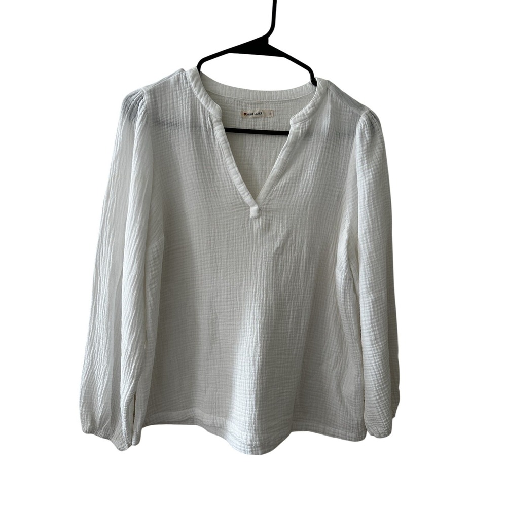 Marine Layer Womens White Double Gauze Cotton Split V-Neck Blouse Top Small